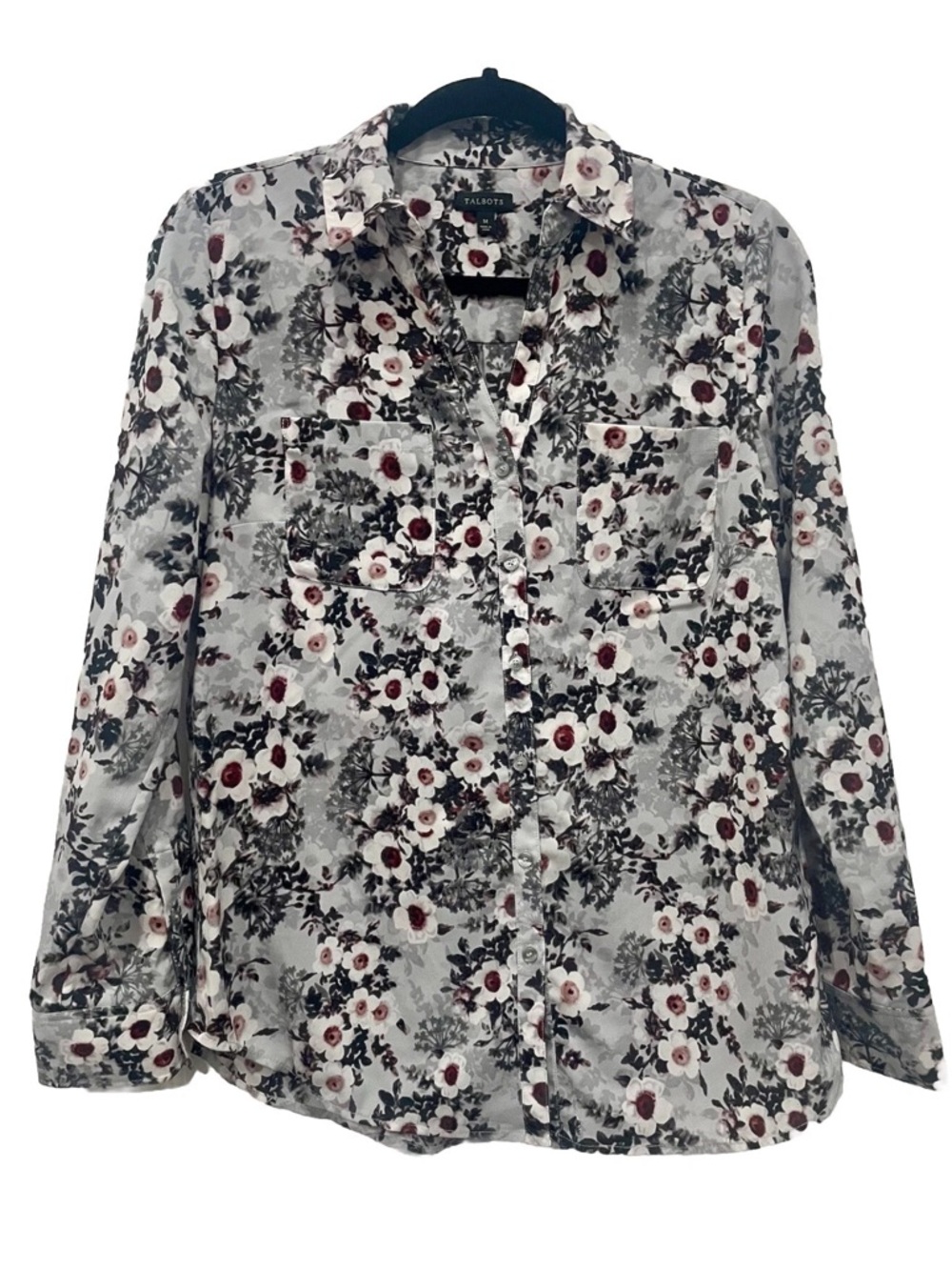 Talbots Long Sleeve Roll-Tab Blouse Gray Floral Button Collared Shirt Medium